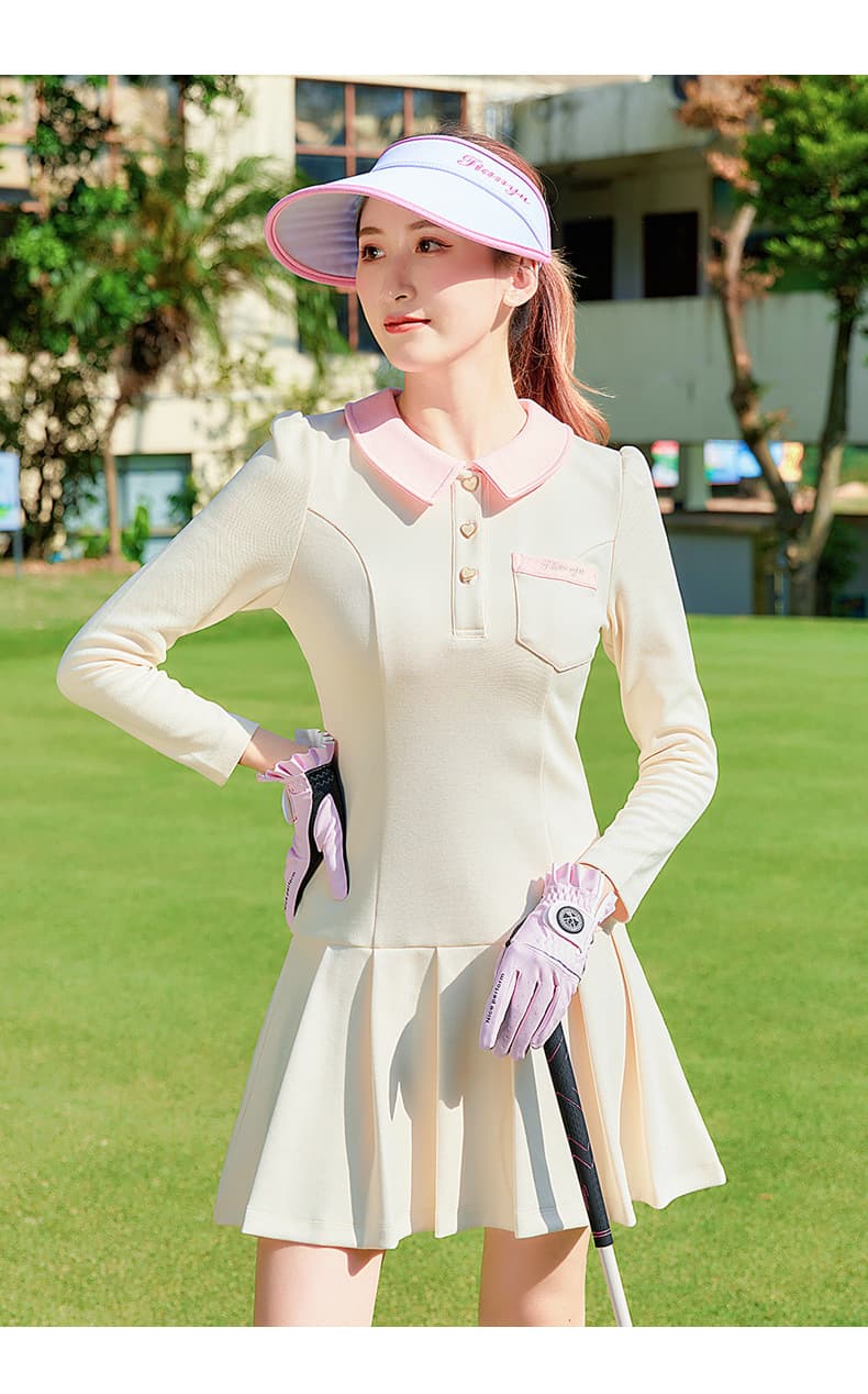 ゴルフウェア レディース 長袖プリーツスカート きれいめワンピース
