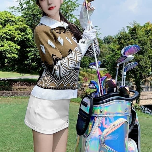 ゴルフウェア レディース 北欧風ジグザグ柄ニットジャケット